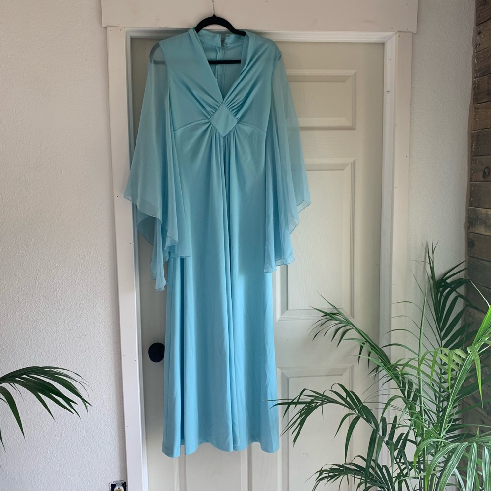 VTG 70s Elegant Light Blue Maxi Summer Dress with Sheer Fairy Cape Sleeves